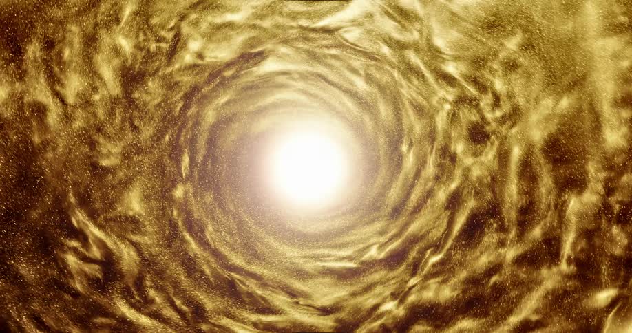 Bright golden glitter swirls round and round a central bright light source