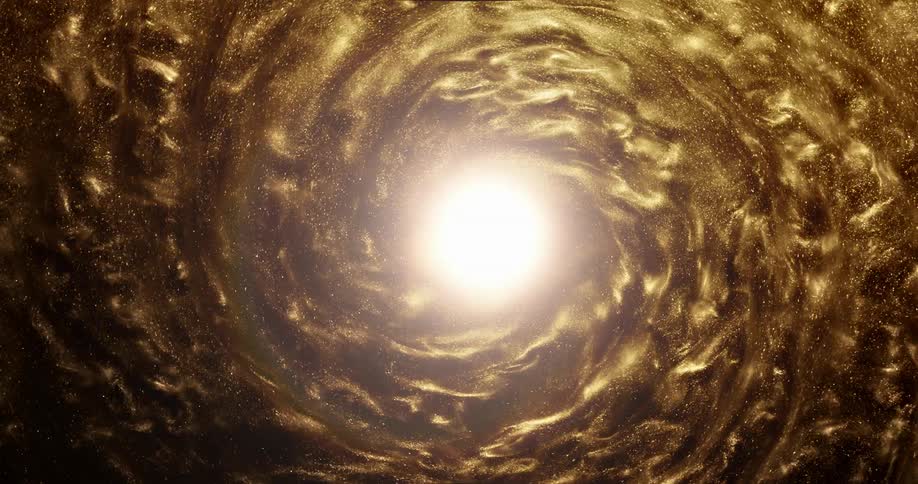 Bright light shines through a vortex of glittering gold ink slowly spinning in concentric waves and ripples