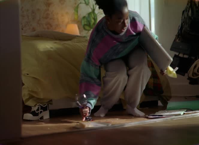 A woman is sitting on the floor eating when she spills her wine on her laptop