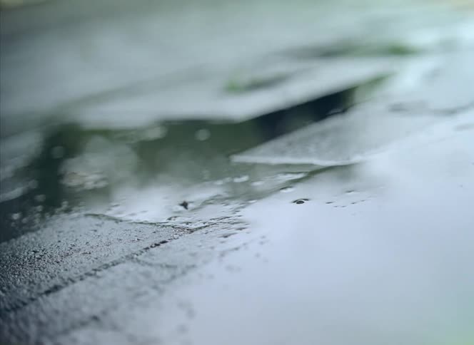 Pedestrians walk through a shallow puddle of rainwater on a sidewalk during the day