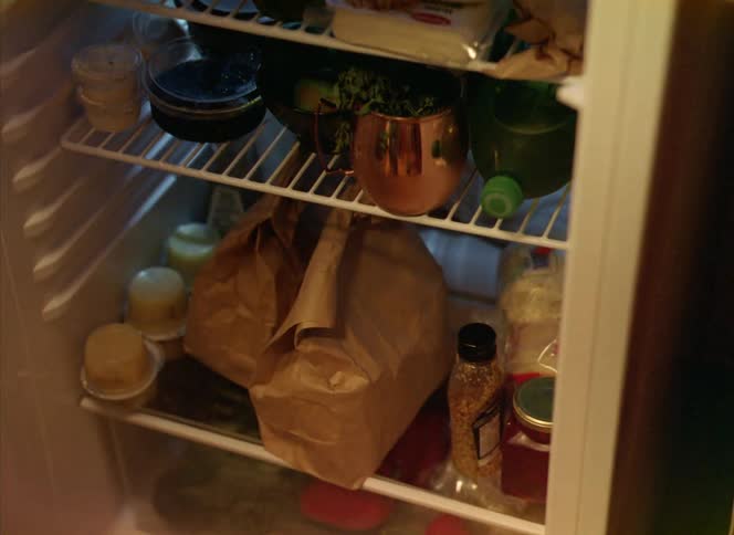 A person opens a fridge and puts two brown bags on a shelf