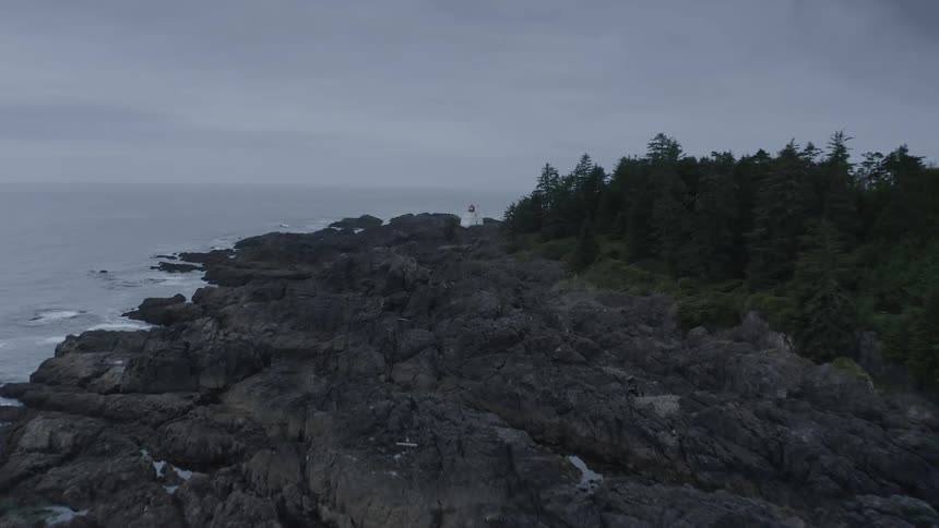 Waves roll over a rocky coastline with a couple of buildings and a forest under a cloudy sky