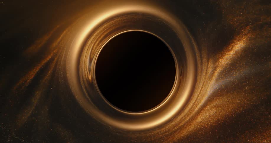 Waves of gold bright glittering dust circling out of a black hole in a vortex