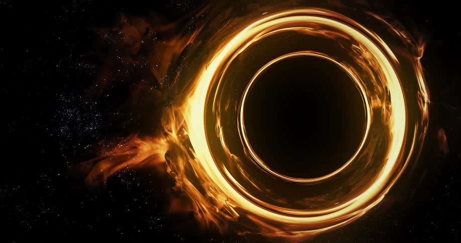 Black hole surrounded by a gold cloud accretion disk floating in space