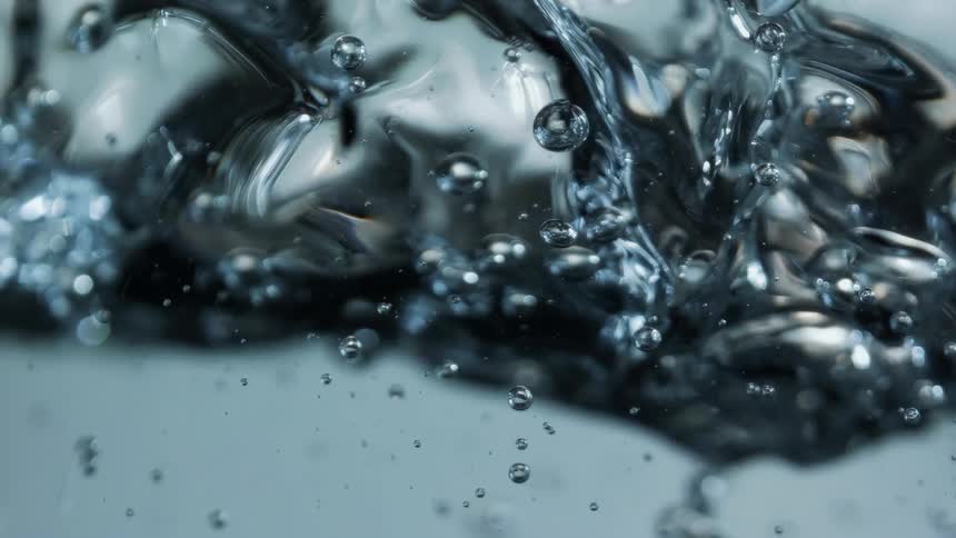 A wave moves through still water in a container