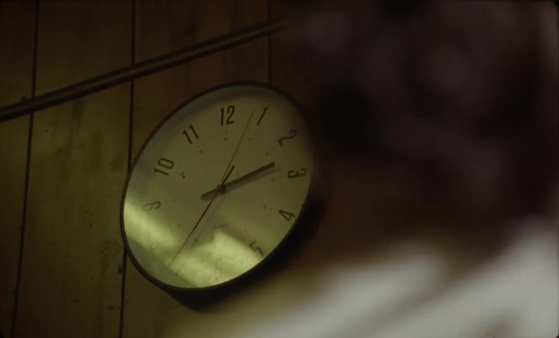 A person looks at a clock on a paneled wall