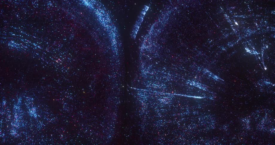 Blue and purple pinpoints of light glitter like stars in the darkness and a bubble emerges on each side and takes them into a vortex