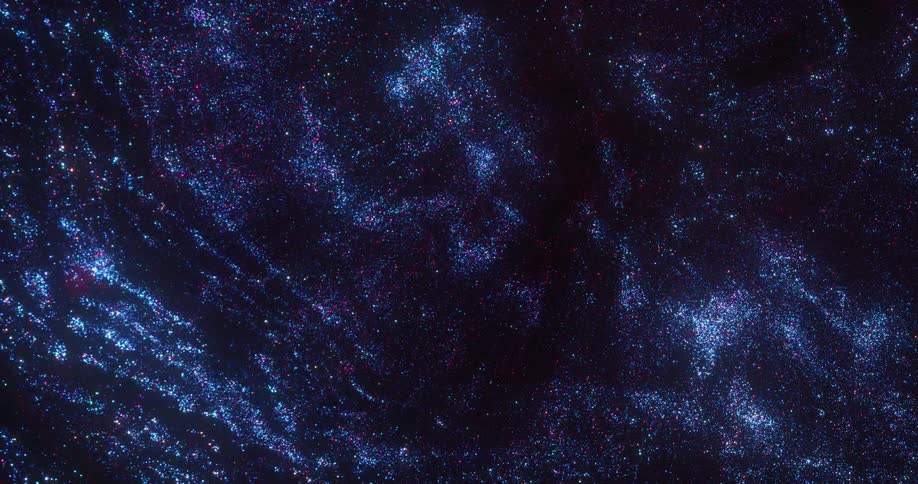 Bright blue glittering specks floating on a dark background flowing in slow waves