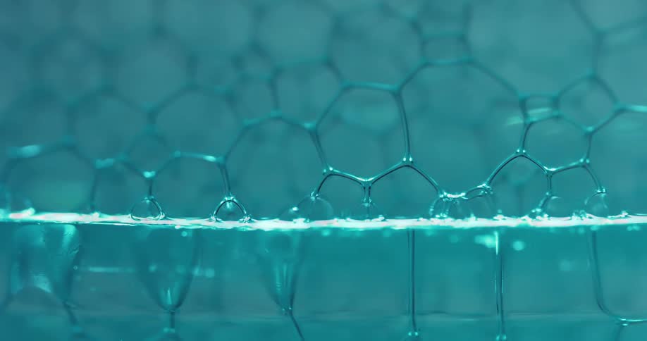 Bubble like cells form and pop in a light blue liquid