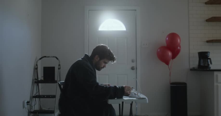A man sits down and plays with the toy on the table