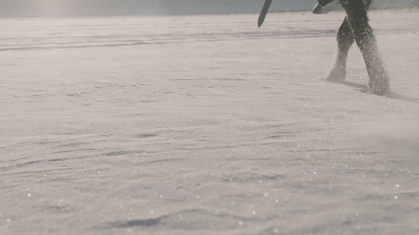 Horse and rider gallop quickly over the snow covered land