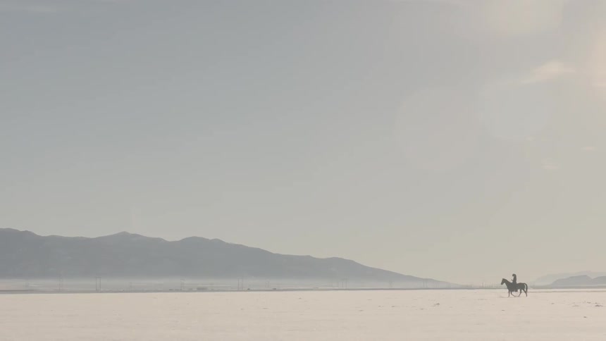 A horse and rider crossing a snow-covered landscape