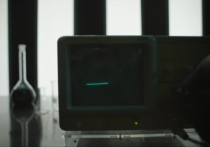 Jagged lines move across a small screen as a persons hand turns a dial