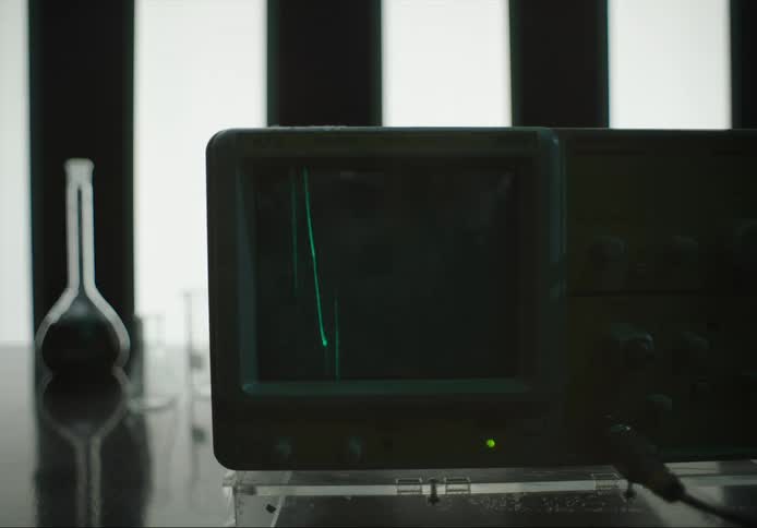 Signal moves across screen of oscilloscope in laboratory