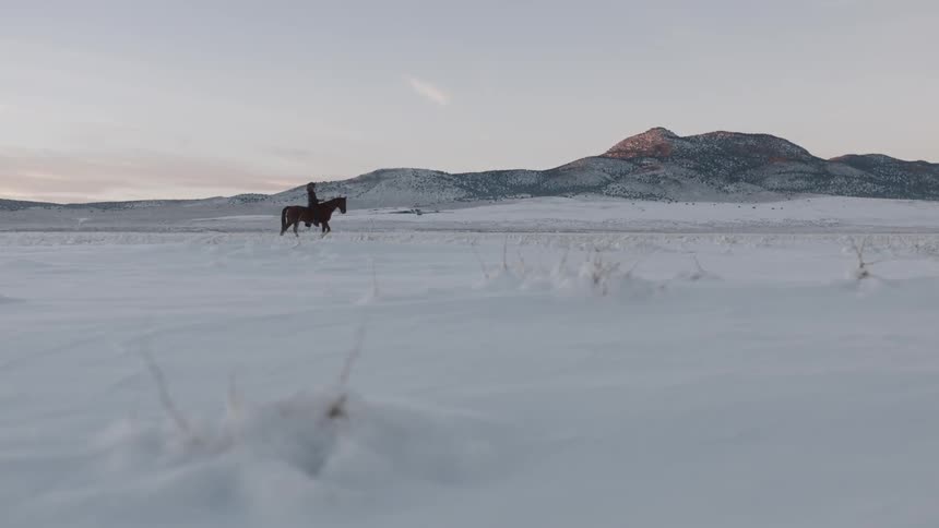 A lone horseman crossing a snow-covered pasture