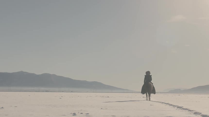 A person is riding a horse over a snow field