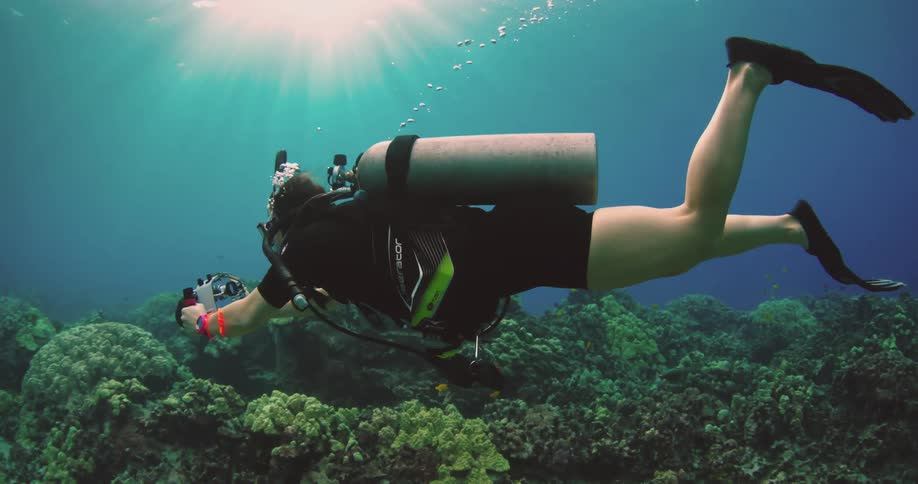 A diver records video at the bottom of the ocean