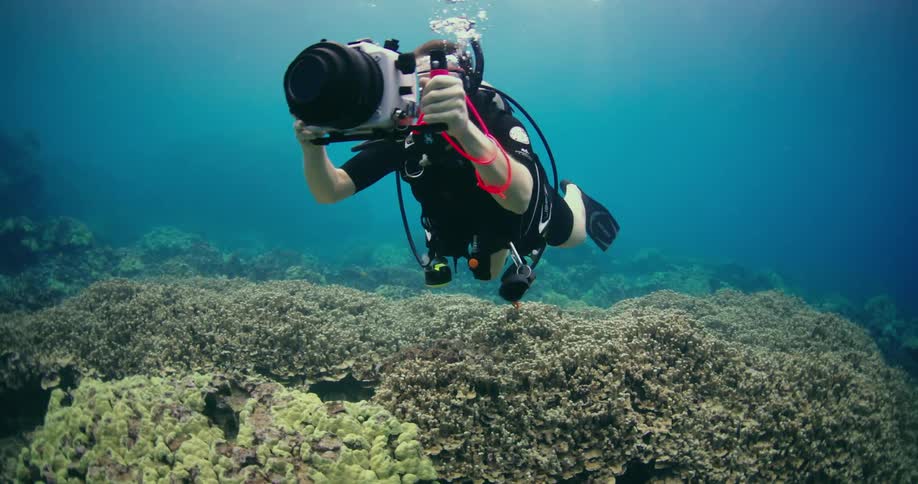 A diver records video underwater with a camera