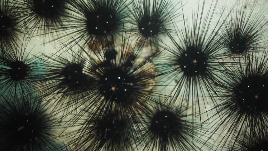 A group of long spined sea urchin under water near the ocean sand