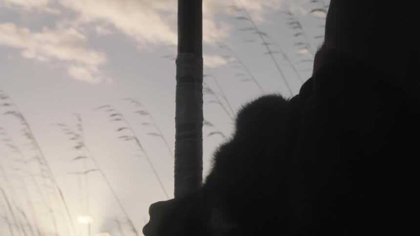 A person wearing fur stands on a windy field