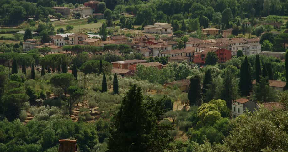 Landscaped areas surroundtown composed of red roofed buildings