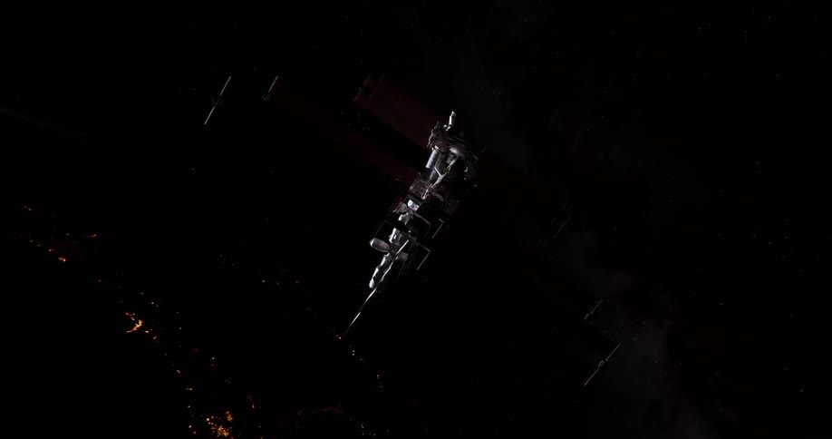 A large space station orbiting over the dark side of earth illuminated by the sun