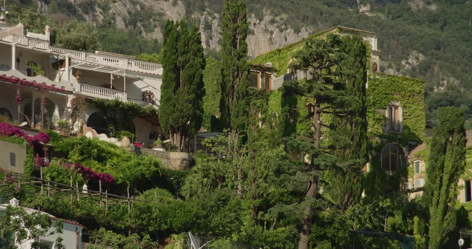 Facade of a building in a villa covered in green thick vines next to a mountain
