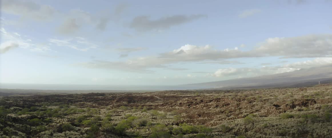 An aerial view of clouds floating above a shrub covered opening in nature