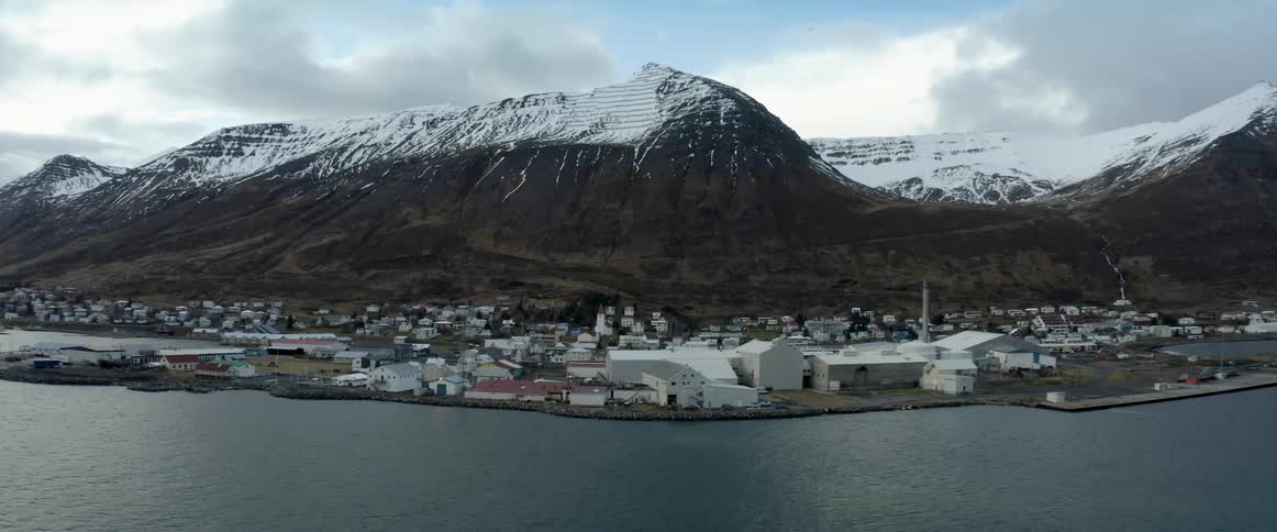 Aerial view of coastal town in front of snowy mountain range