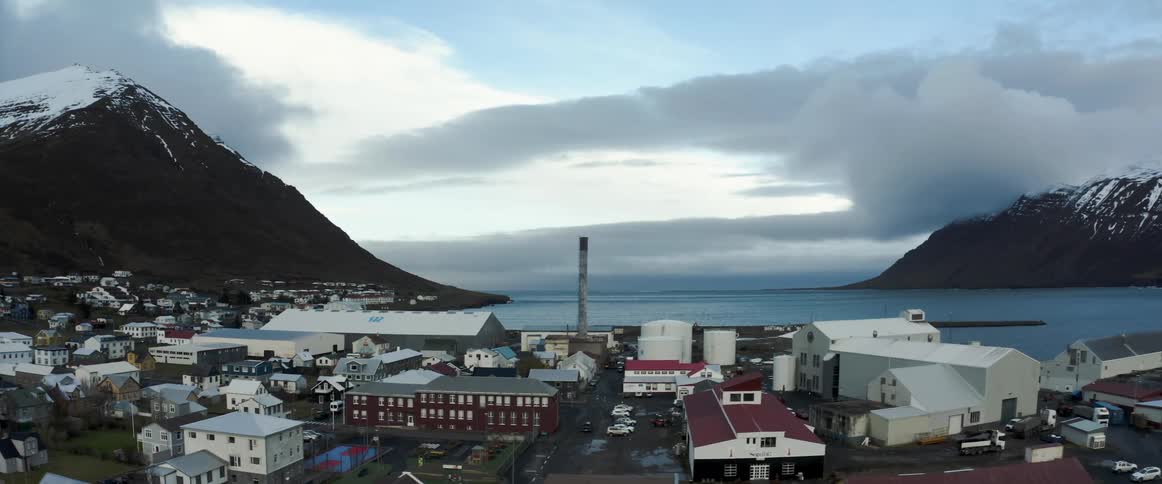 Aerial view of a small coastal town in front of the ocean next to snow covered mountain peaks