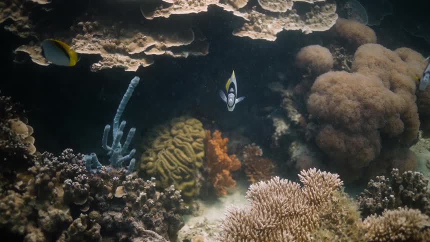 Underwater footage of small fishes swimming over a coral reef in the caribbean