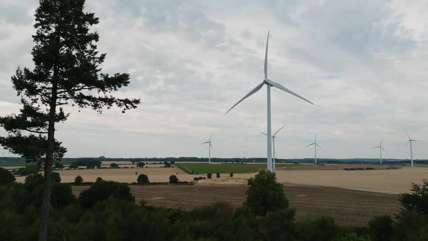 Wind turbines use the power of the wind to create electricity on wind farm