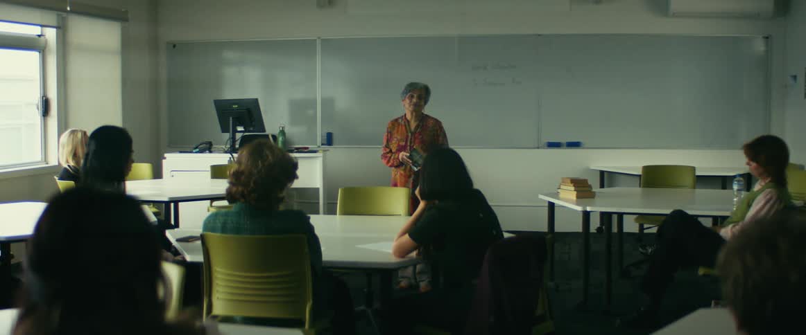 University teacher giving a lecture in front of students sitting on chairs in a classroom