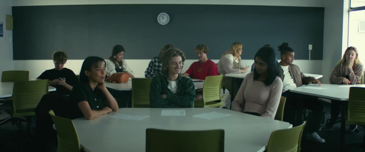 Camera pans slowly to the right past a table of three students in a classroom of other students