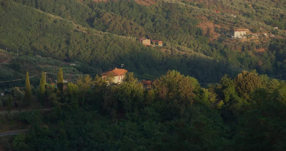 Red roofed buildings sit scattered among forest covered slopes