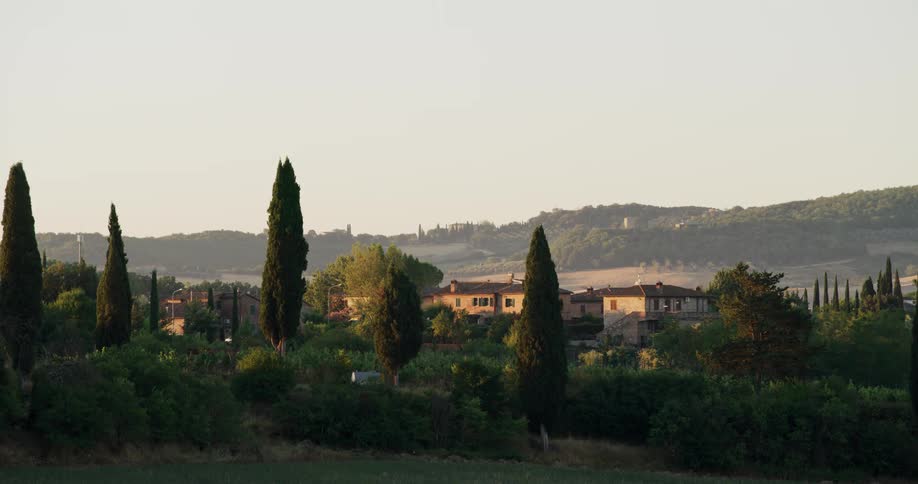 A still shot shows several pine trees and bushes as well as some houses scattered around with some hills and mountains in the distance