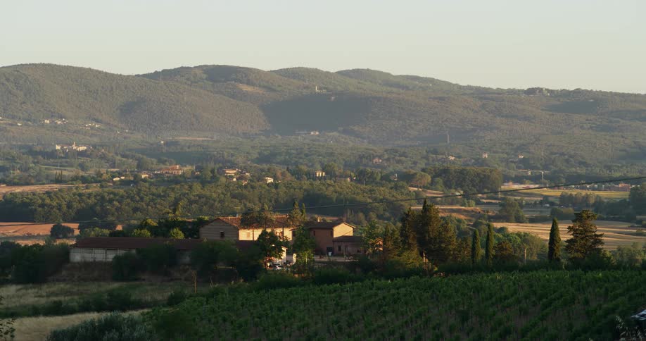 View of countryside with buildings and farmlands
