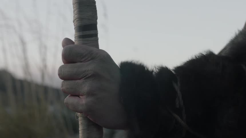 A person is holding a staff on a windy day