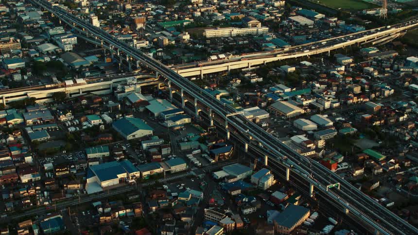 Busy highway and expressways intersecting in a japan city