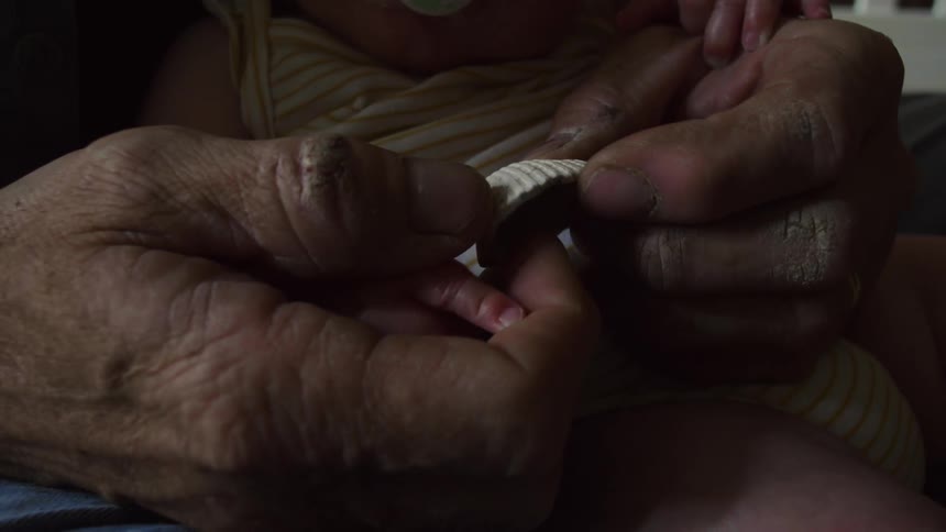 A man holding his baby granddaughter turns a seashell over in his gnarled hands and her tiny fingers