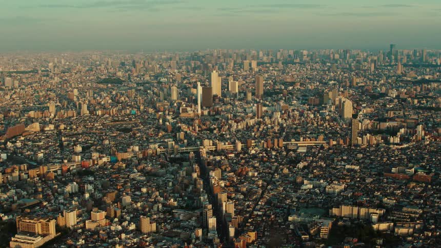 City skyscrapers and rooftops spread out all the way to the horizon