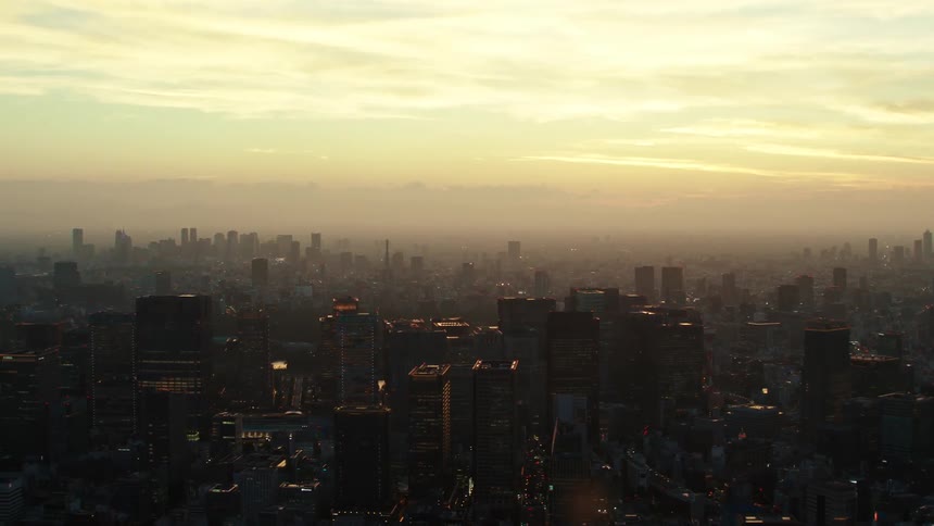 Aerial view of tall skyscrapers on the skyline of city covered in fog or smog at evening