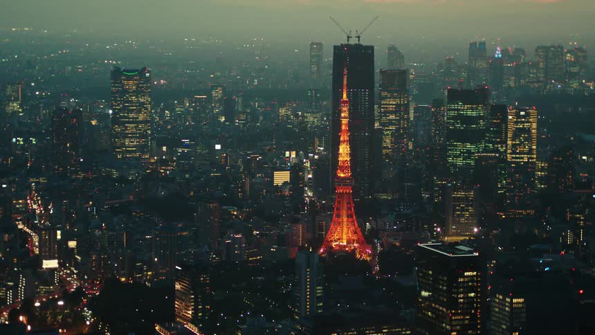 An aerial view of buildings and skyscrapers in a city