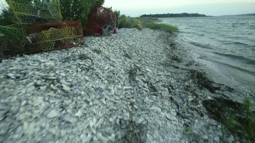 Small waves crash onto rocks along the coast