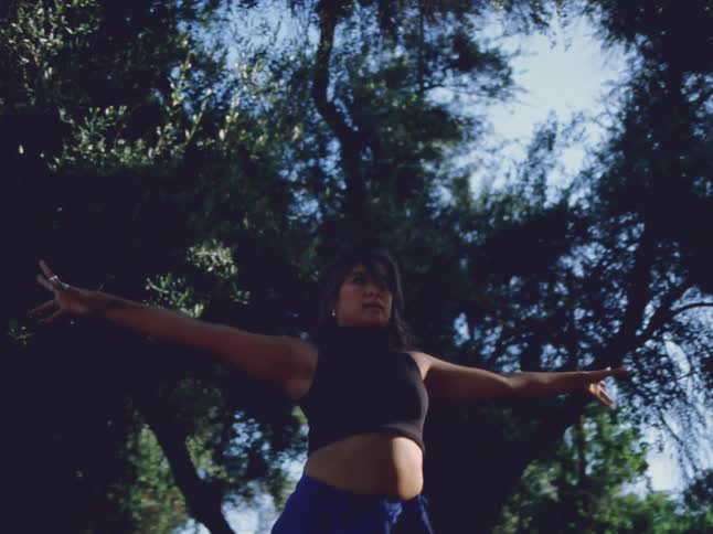 Young woman dances on the lawn in front of the trees in the backyard at evening
