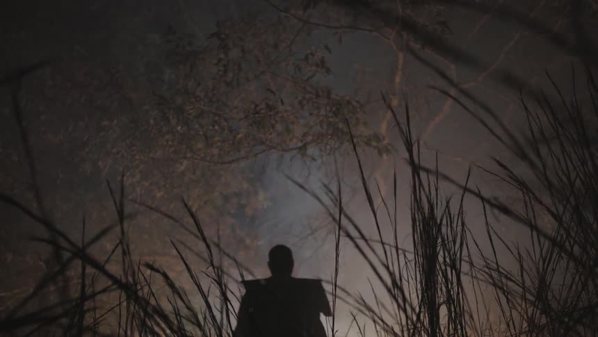 A large man walks through tall grass at night in a forest