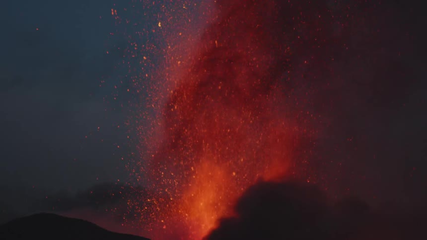 Close up of lava and smoke during a volcano