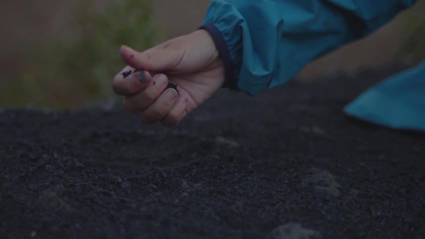 A girl rubs her hand across soil and then picks it up and lets it fall through her fingers