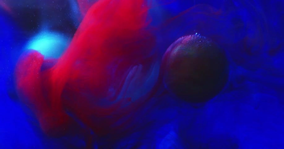 A sphere is floating in an organic electric blue realm as a red cloud moves over the orb