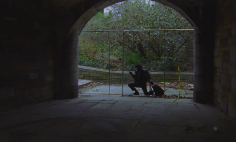 Arches are below a bridge made of stone and concrete and a man wearing a hooded black outfit is pulling a very heavy bag through the fence